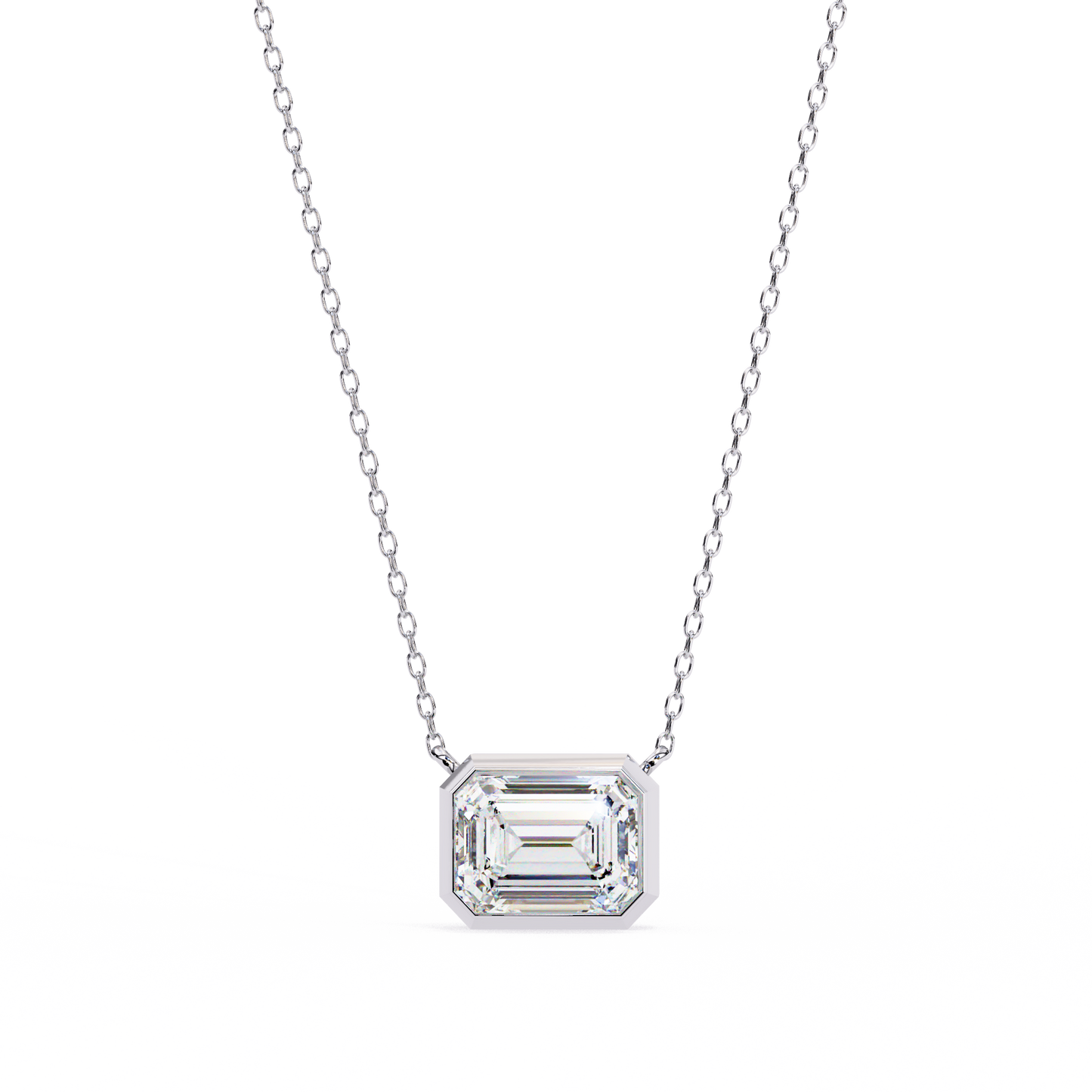 3 ct Emerald-Cut East-West Bezel Pendant Necklace | Modern Minimal Diamond Solitaire with Chain | Lab-Grown or Moissanite | Solid Gold/Platinum
