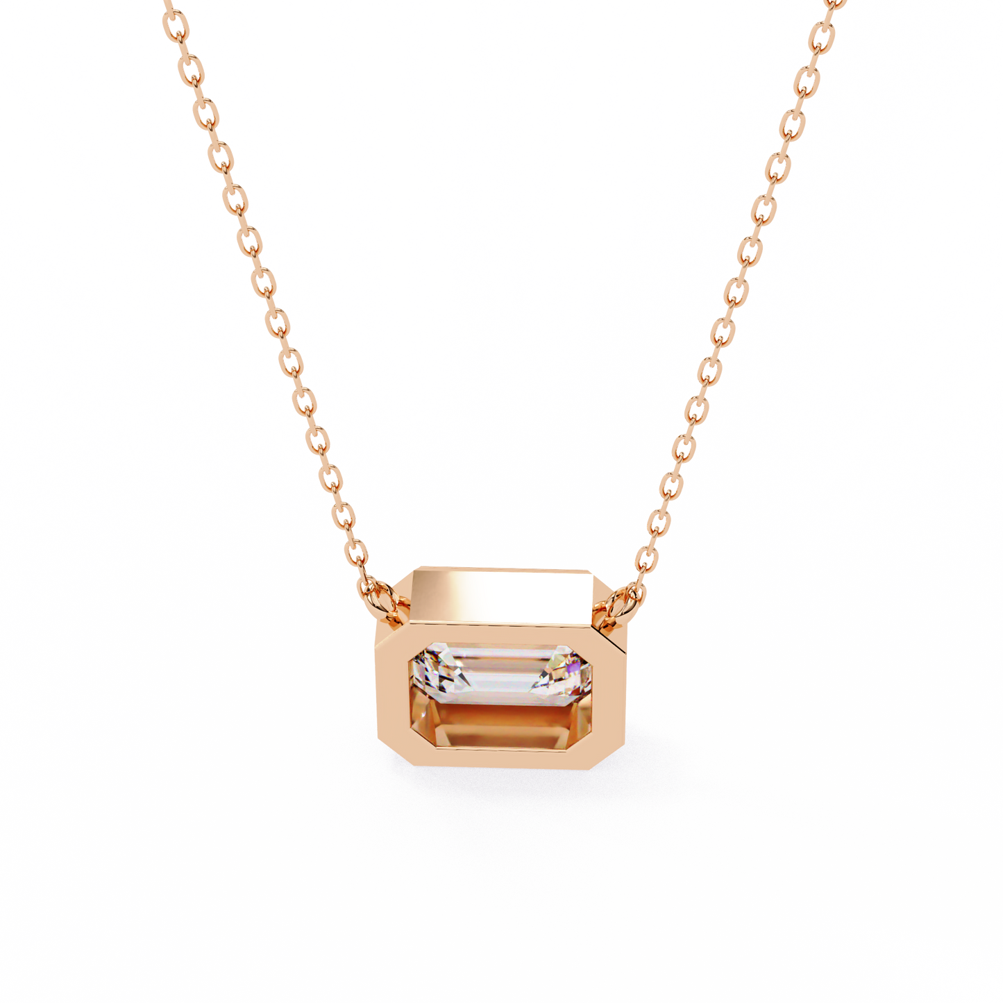 3 ct Emerald-Cut East-West Bezel Pendant Necklace | Modern Minimal Diamond Solitaire with Chain | Lab-Grown or Moissanite | Solid Gold/Platinum