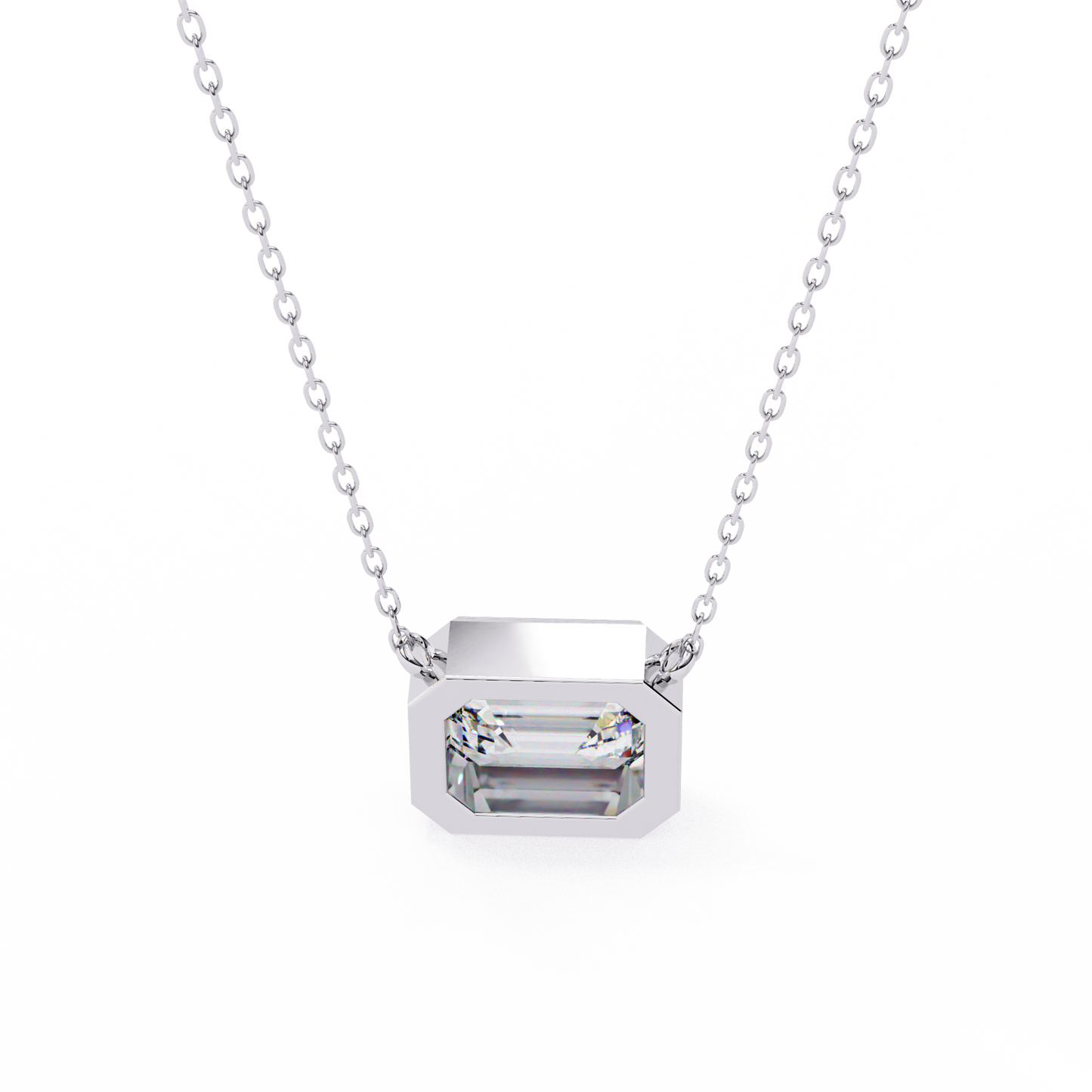 3 ct Emerald-Cut East-West Bezel Pendant Necklace | Modern Minimal Diamond Solitaire with Chain | Lab-Grown or Moissanite | Solid Gold/Platinum