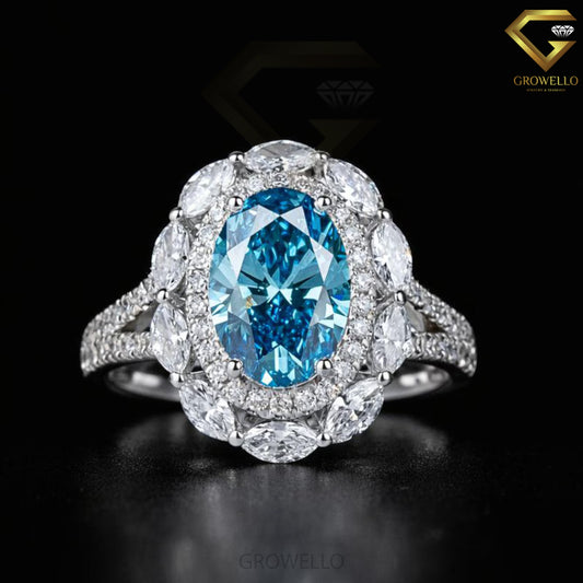 3CT Blue Oval Halo Engagement Ring, Marquise Floral Cluster, Split Pavé Band, Lab Diamond or Moissanite