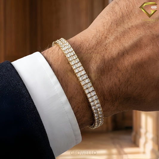 Princess Cut 3MM Diamond Tennis Bracelet, Double Row Grid Link, Solid Gold, Lab-Grown Diamond or Moissanite