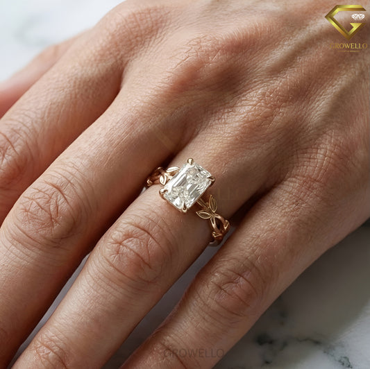 3CT Emerald Leaf Vine Engagement Ring, Nature Inspired, Solid Gold, Lab-Grown Diamond or Moissanite