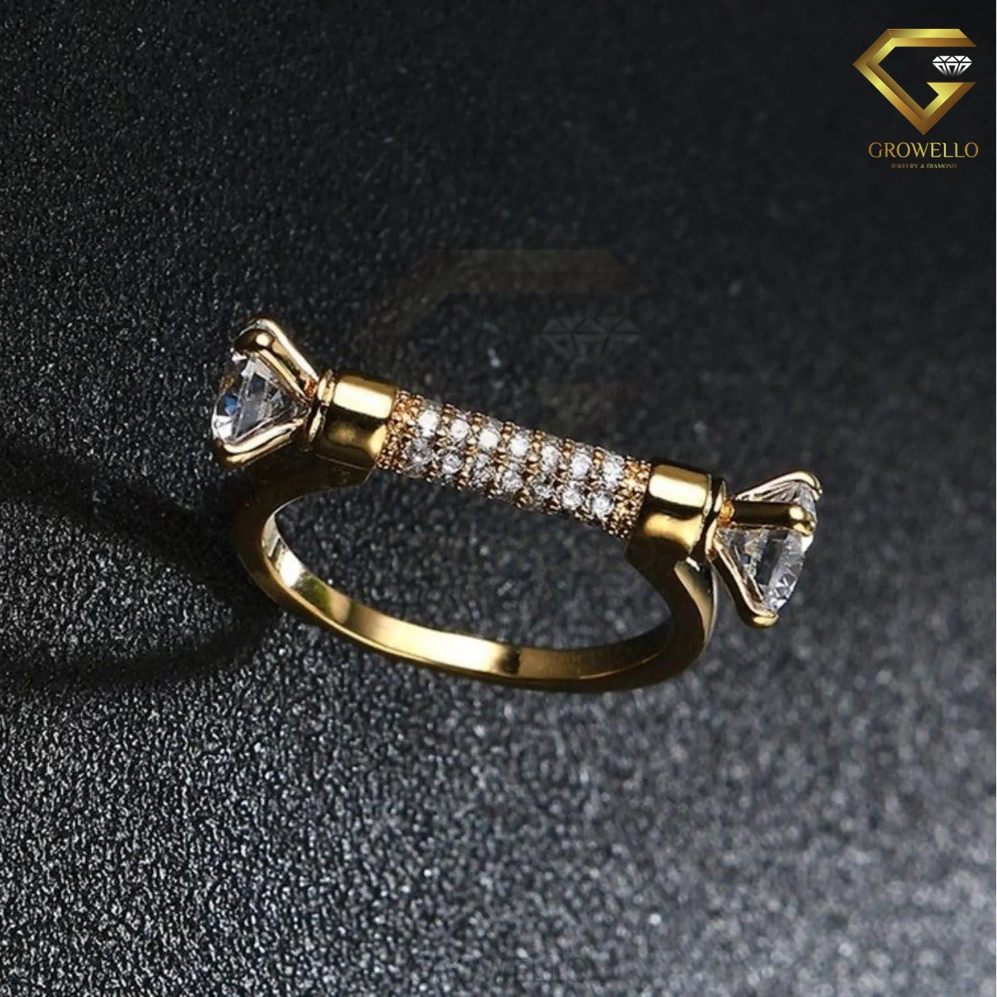Toi et Moi Round Stone Pavé Bar Engagement Band, Solid Gold, Lab Grown Diamond or Moissanite