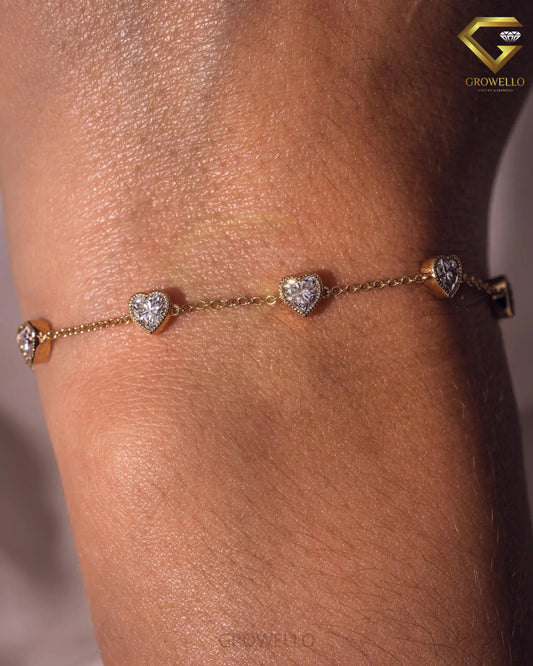5mm Heart Cut Diamond Bracelet, Five Stone Solid Gold Bracelet, Lab Grown or Moissanite