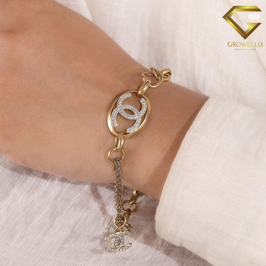Luxury CC Style Diamond Bracelet, Chunky Chain Charm, Solid Gold, Lab Grown or Moissanite