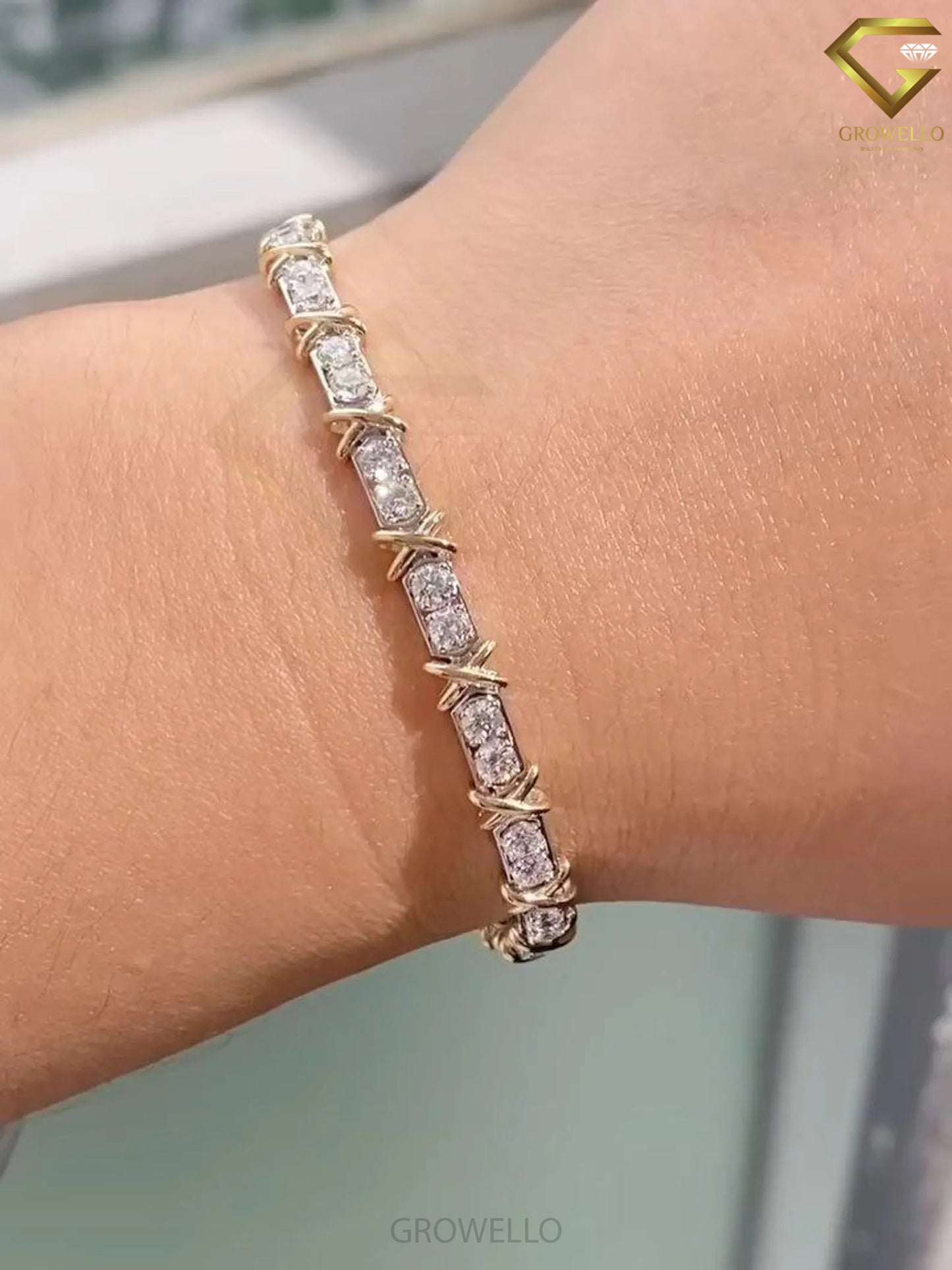 Round Diamond Link Bracelet, X Wrap Design, Solid Gold, Lab Grown or Moissanite