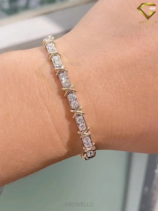 Round Diamond Link Bracelet, X Wrap Design, Solid Gold, Lab Grown Diamond or Moissanite