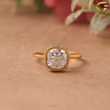 2CT Cushion Bezel Engagement Ring, Hidden Halo, Solid Gold, Lab Grown Diamond/Moissanite