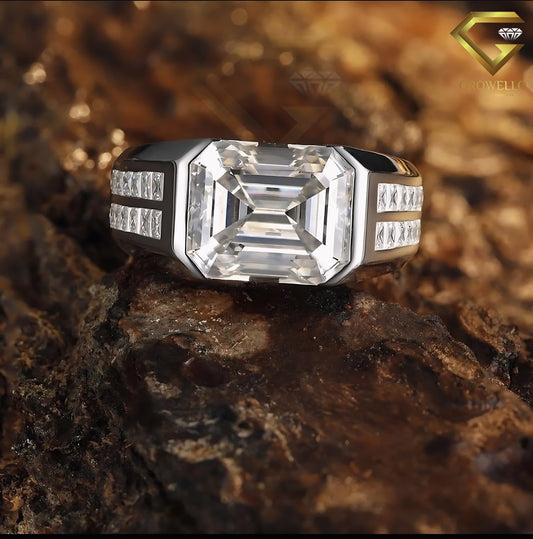 Men’s 3CT Emerald Cut Signet Ring With Princess Sides, Lab Grown Diamond or Moissanite