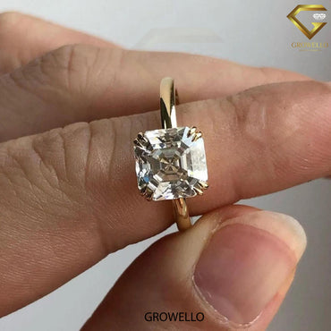 2CT Asscher Cut Engagement Ring: Solid Gold Hidden Halo, Lab Grown Diamond or Moissanite