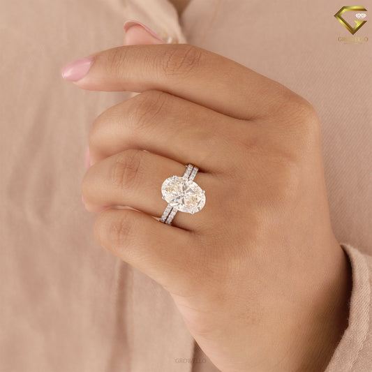 5CT Oval Diamond Engagement Ring, Double Wedding Band, Solid Gold, Lab Grown or Moissanite