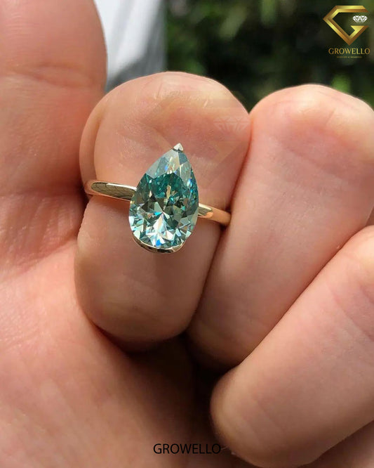 3CT Cyan Blue Pear Cut Solitaire Engagement Ring: Lab Grown Diamond/Moissanite, Solid Gold