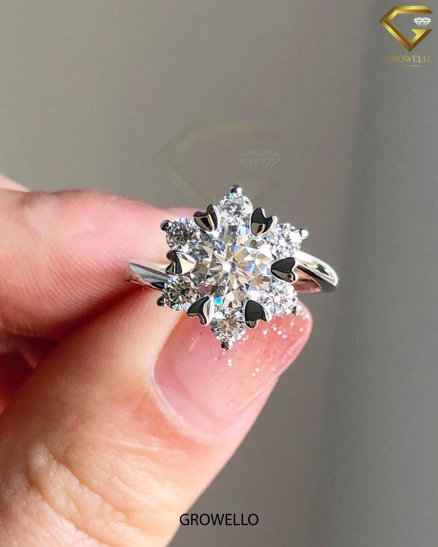 2CT Round Snowflake Halo Engagement Ring, Starburst Cluster, Solid Gold, Lab-Grown or Moissanite Diamond