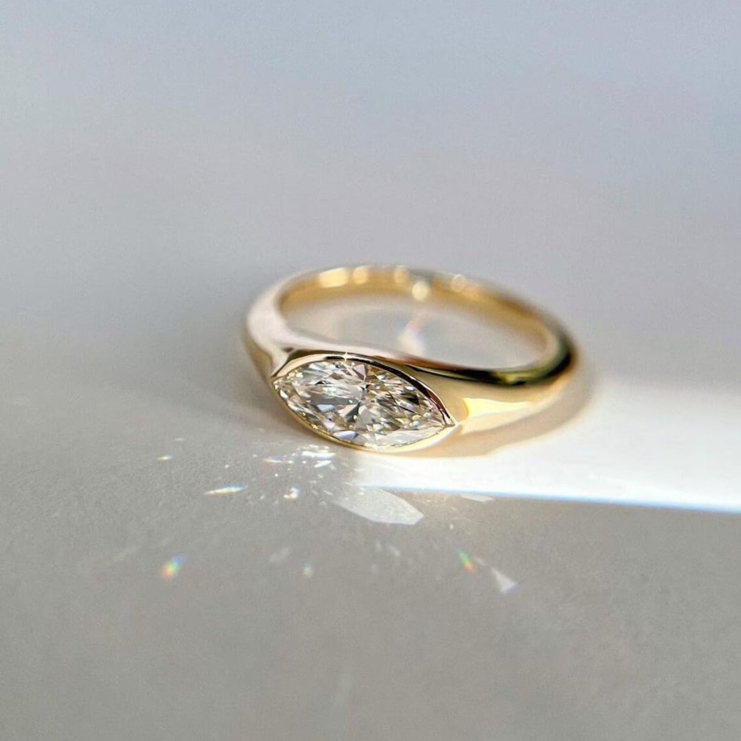 East West 1.5 CT Marquise Cut Moissanite Engagement Ring 14K Solid Gold Lab Grown Diamond Ring Bezel Set Ring Solitaire Ring Promise Ring.