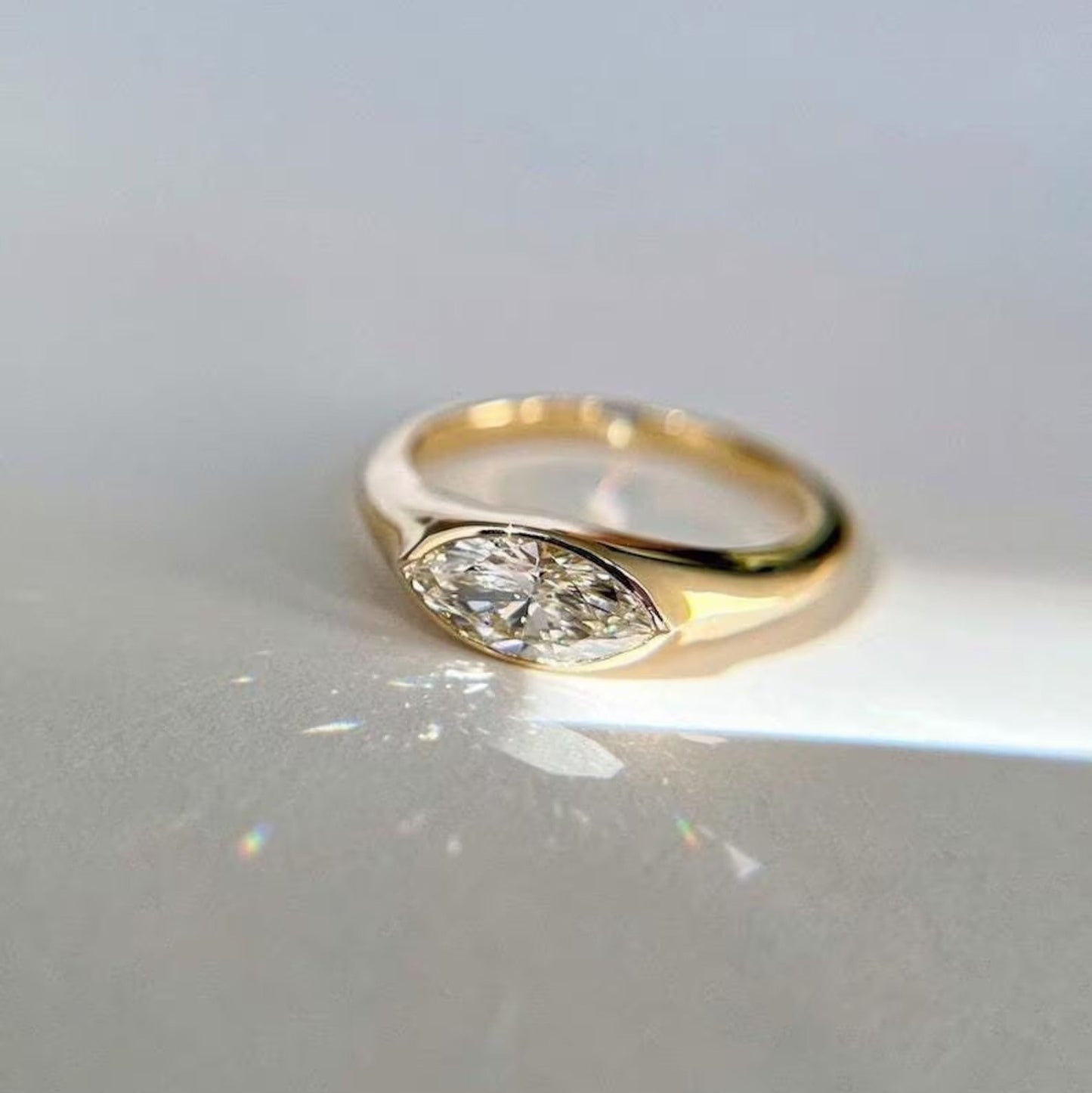 East West 1.5 CT Marquise Cut Moissanite Engagement Ring 14K Solid Gold Lab Grown Diamond Ring Bezel Set Ring Solitaire Ring Promise Ring.