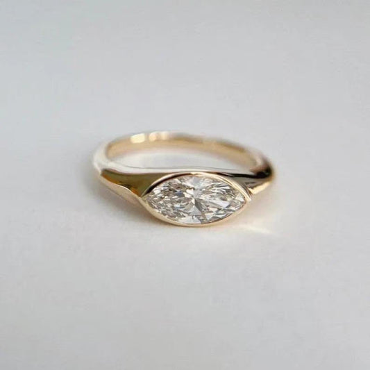 East West 1.5 CT Marquise Cut Moissanite Engagement Ring 14K Solid Gold Lab Grown Diamond Ring Bezel Set Ring Solitaire Ring Promise Ring.