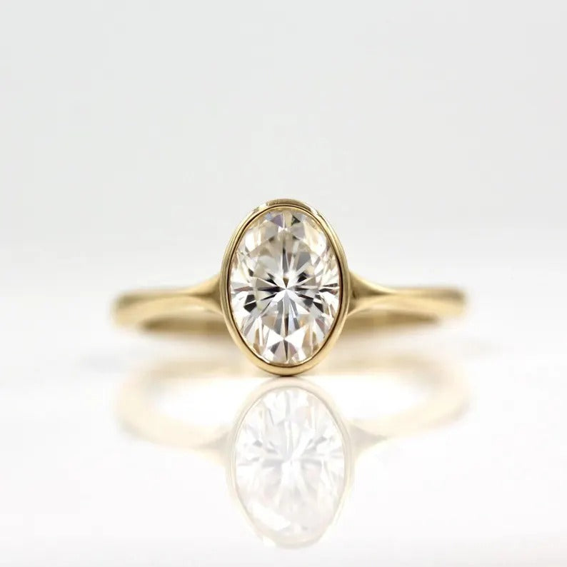 2 CT Oval Cut Bezel Set Ring Oval Cut Moissanite Engagement Ring 14K Solid Gold Solitaire Diamond Wedding Ring Oval Lab Grown Diamond Ring.