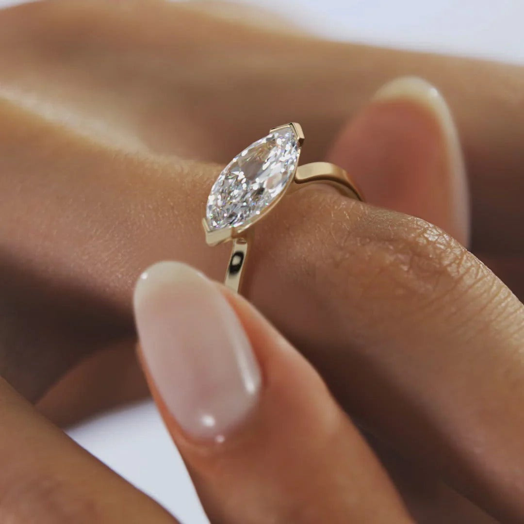 East West Marquise Cut Moissanite Diamond Half Bezel Solitaire Engagement Ring Unique Solitaire Lab Grown Diamond Ring 14K Solid Gold Ring.