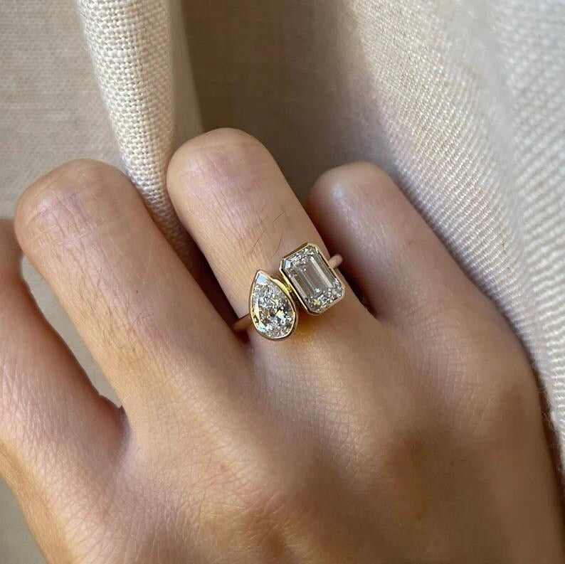 Toi Et Moi Ring Pear and Emerald Cut Bezel Set Two Stone Engagement Ring 14K Solid Gold Wedding Ring Lab Grown Diamond Double Stone Ring.