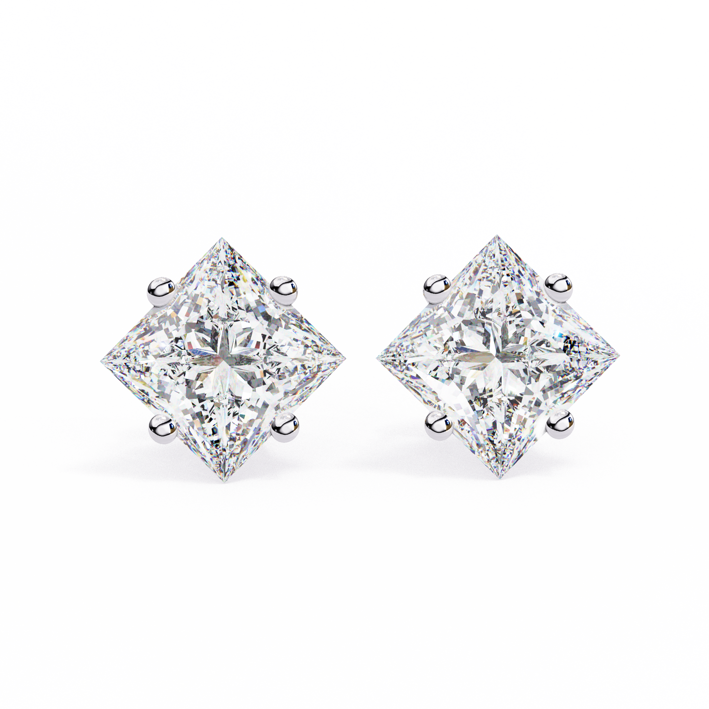 2 CT Princess-Cut Stud Earrings | Modern Cross-Basket 4-Prong | Lab-Grown Diamond or Moissanite | Solid Gold/Platinum | Screw-Back