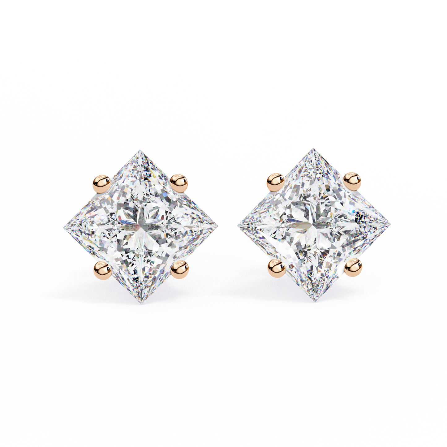 2 CT Princess-Cut Stud Earrings | Modern Cross-Basket 4-Prong | Lab-Grown Diamond or Moissanite | Solid Gold/Platinum | Screw-Back