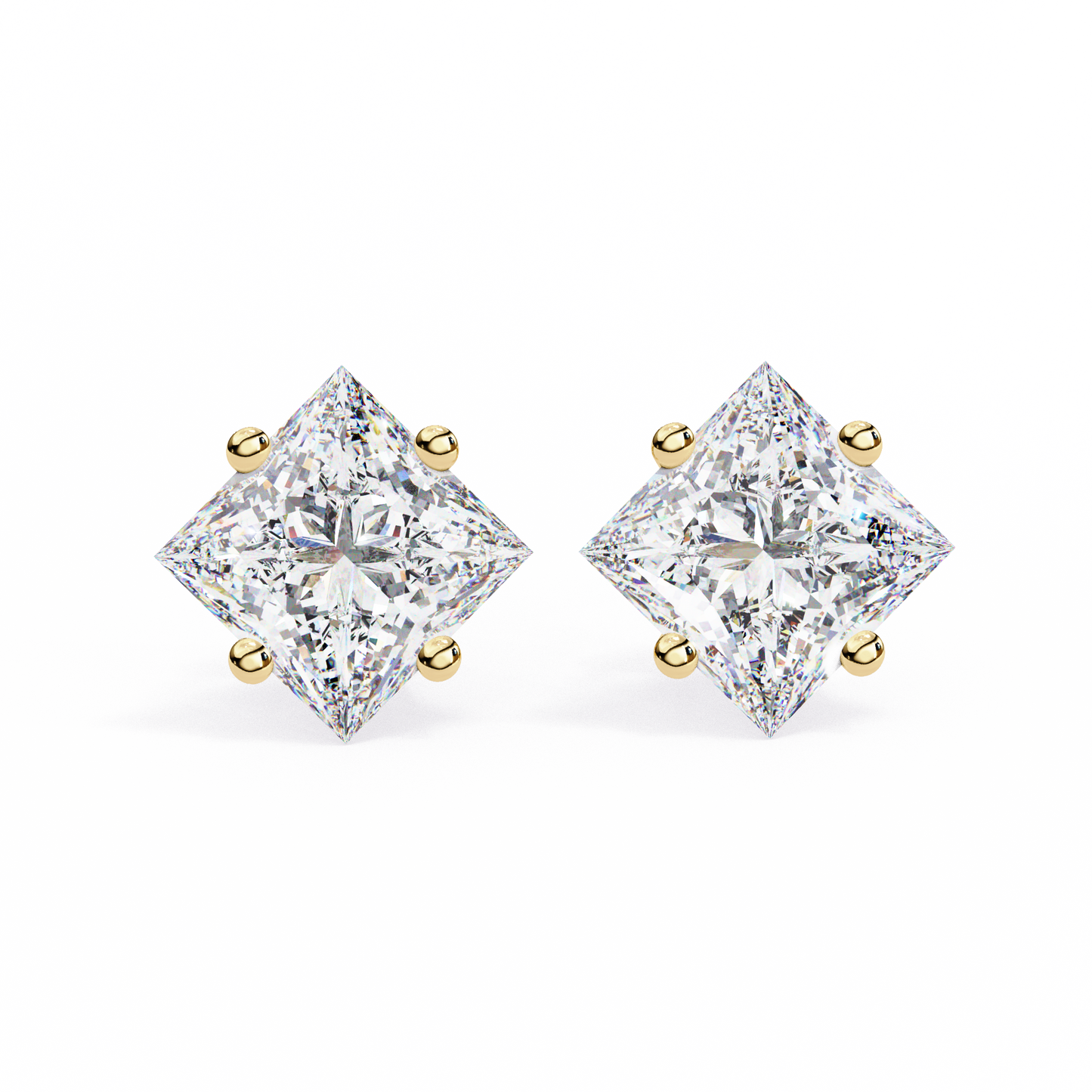 2 CT Princess-Cut Stud Earrings | Modern Cross-Basket 4-Prong | Lab-Grown Diamond or Moissanite | Solid Gold/Platinum | Screw-Back