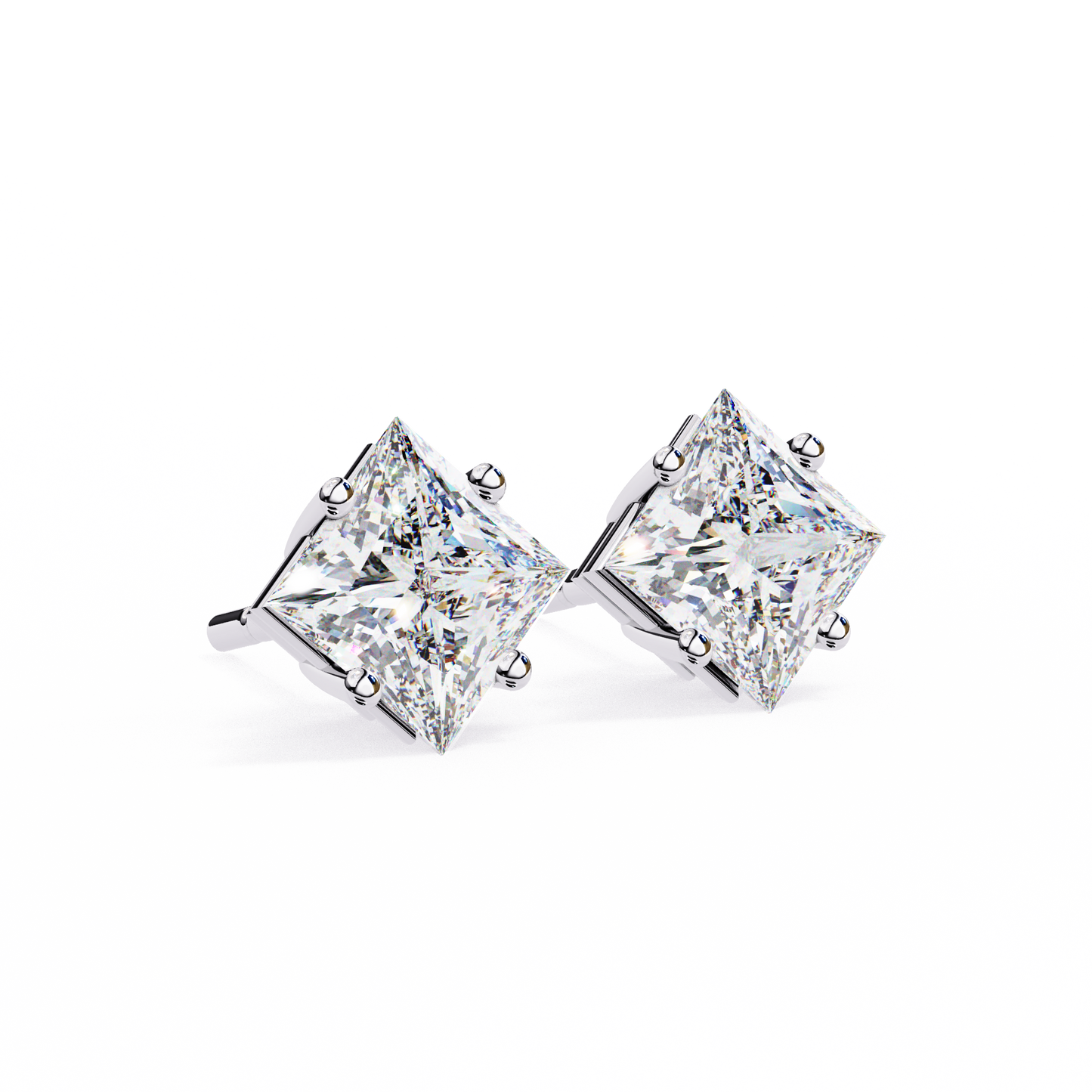 2 CT Princess-Cut Stud Earrings | Modern Cross-Basket 4-Prong | Lab-Grown Diamond or Moissanite | Solid Gold/Platinum | Screw-Back