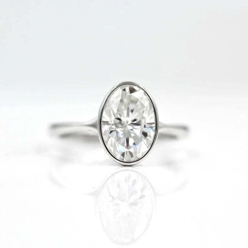 2 CT Oval Cut Bezel Set Ring Oval Cut Moissanite Engagement Ring 14K Solid Gold Solitaire Diamond Wedding Ring Oval Lab Grown Diamond Ring.