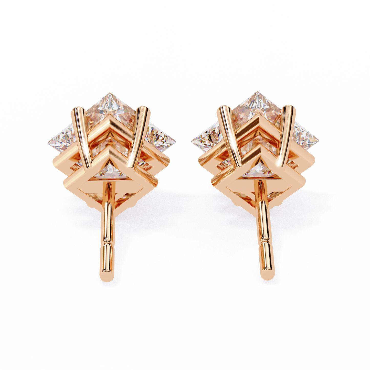 2 CT Princess-Cut Stud Earrings | Modern Cross-Basket 4-Prong | Lab-Grown Diamond or Moissanite | Solid Gold/Platinum | Screw-Back