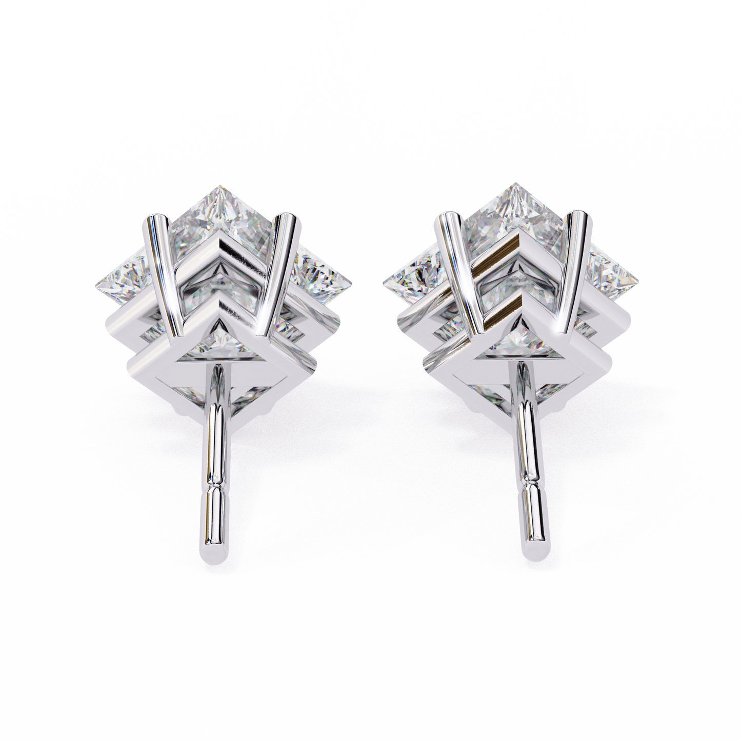 2 CT Princess-Cut Stud Earrings | Modern Cross-Basket 4-Prong | Lab-Grown Diamond or Moissanite | Solid Gold/Platinum | Screw-Back