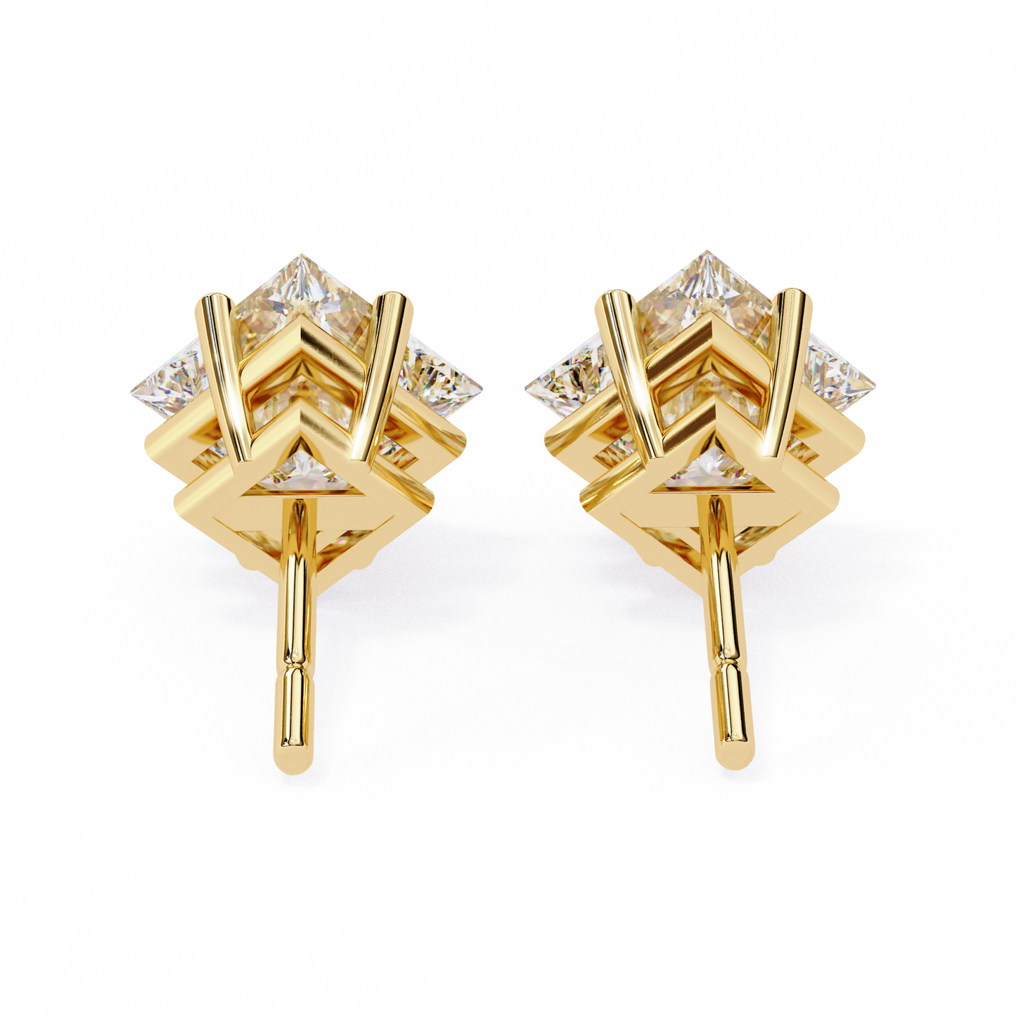 2 CT Princess-Cut Stud Earrings | Modern Cross-Basket 4-Prong | Lab-Grown Diamond or Moissanite | Solid Gold/Platinum | Screw-Back