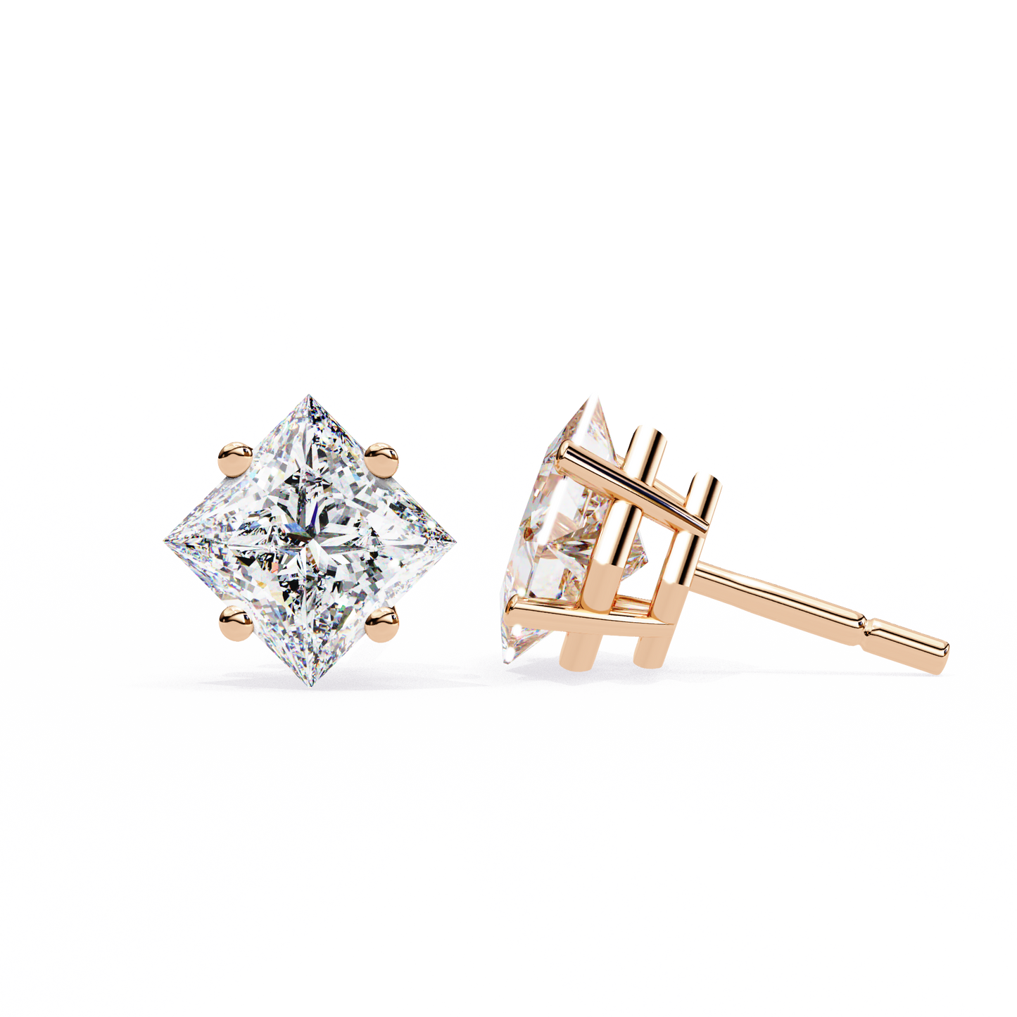 2 CT Princess-Cut Stud Earrings | Modern Cross-Basket 4-Prong | Lab-Grown Diamond or Moissanite | Solid Gold/Platinum | Screw-Back