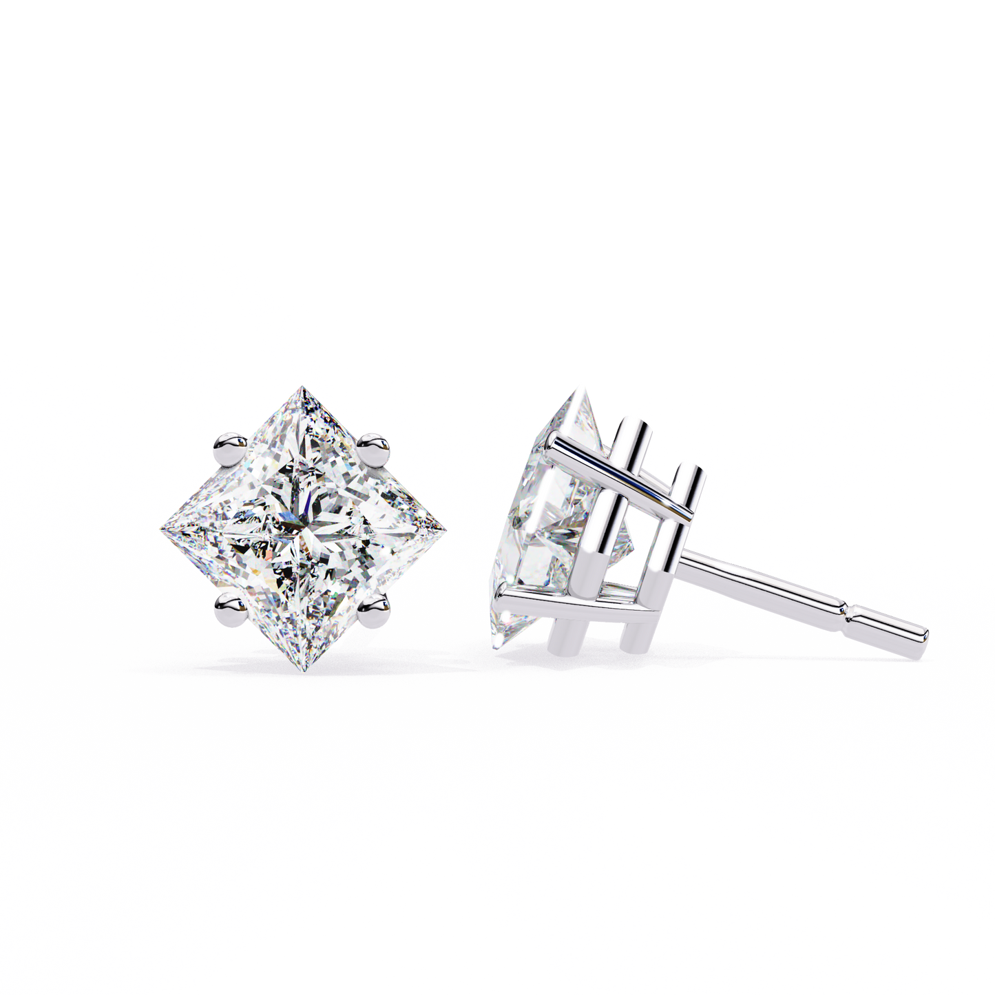2 CT Princess-Cut Stud Earrings | Modern Cross-Basket 4-Prong | Lab-Grown Diamond or Moissanite | Solid Gold/Platinum | Screw-Back