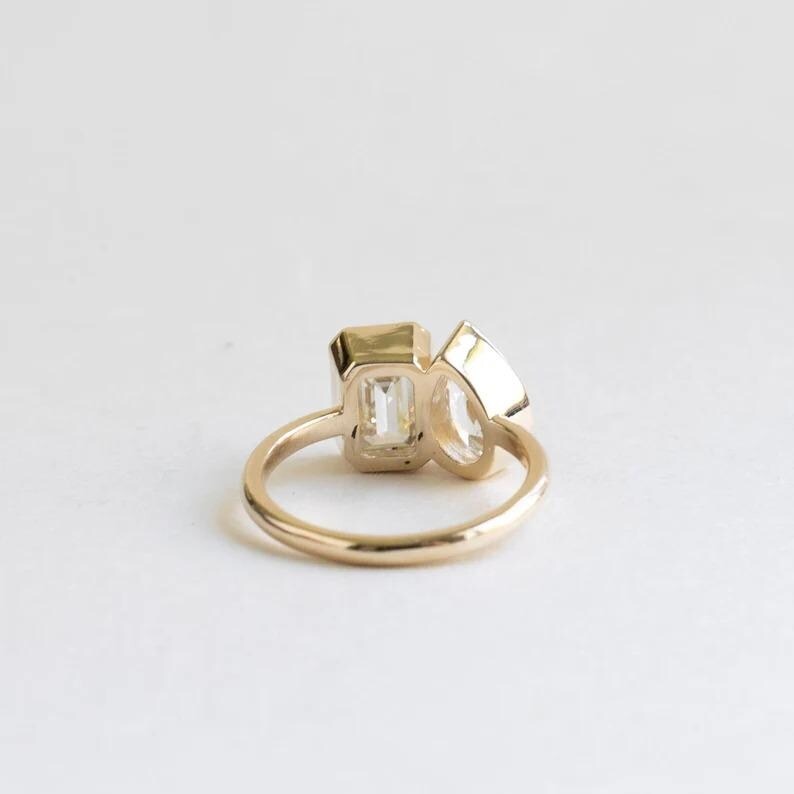 Toi Et Moi Ring Pear and Emerald Cut Bezel Set Two Stone Engagement Ring 14K Solid Gold Wedding Ring Lab Grown Diamond Double Stone Ring.