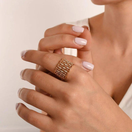 Wide Band Ring, Thick Gold Ring, Big Rings, Diamond Cluster Ring