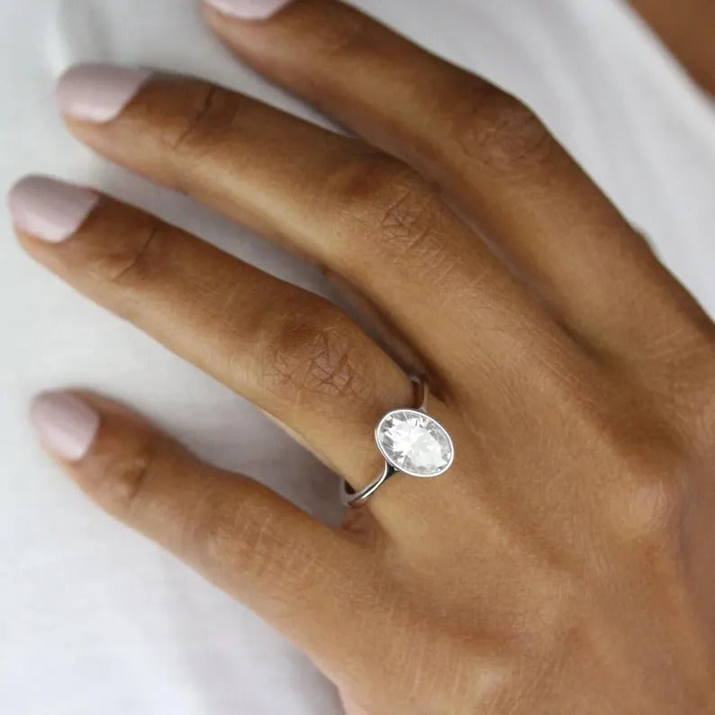 2 CT Oval Cut Bezel Set Ring Oval Cut Moissanite Engagement Ring 14K Solid Gold Solitaire Diamond Wedding Ring Oval Lab Grown Diamond Ring.