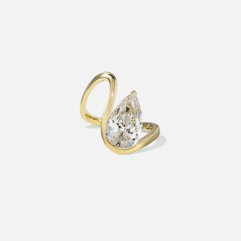 2.5 CT Pear Moissanite Engagement Ring Unique Waved Style Pear Lab Grown Diamond Ring 14K Solid Gold Solitaire IGI Certified Diamond Ring.