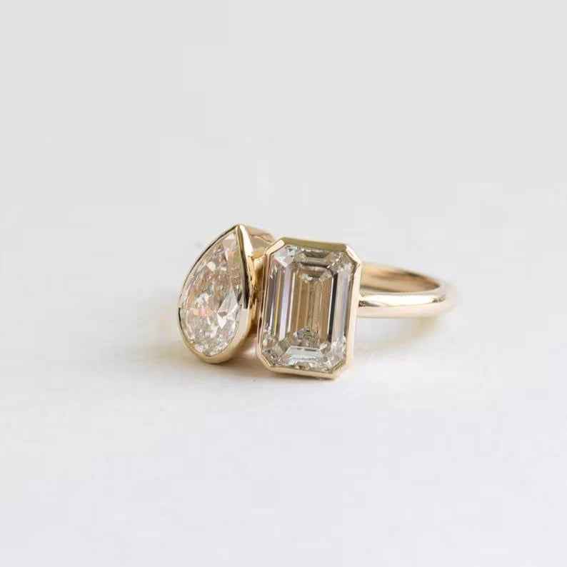 Toi Et Moi Ring Pear and Emerald Cut Bezel Set Two Stone Engagement Ring 14K Solid Gold Wedding Ring Lab Grown Diamond Double Stone Ring.