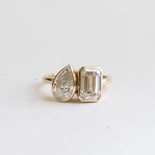 Toi Et Moi Ring Pear and Emerald Cut Bezel Set Two Stone Engagement Ring 14K Solid Gold Wedding Ring Lab Grown Diamond Double Stone Ring.