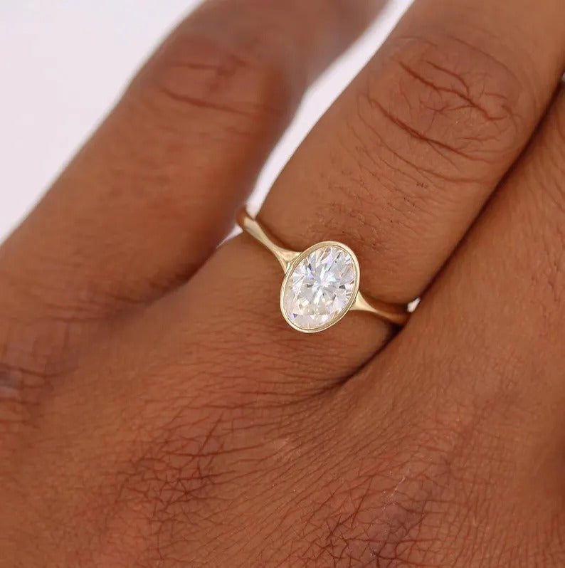 2 CT Oval Cut Bezel Set Ring Oval Cut Moissanite Engagement Ring 14K Solid Gold Solitaire Diamond Wedding Ring Oval Lab Grown Diamond Ring.