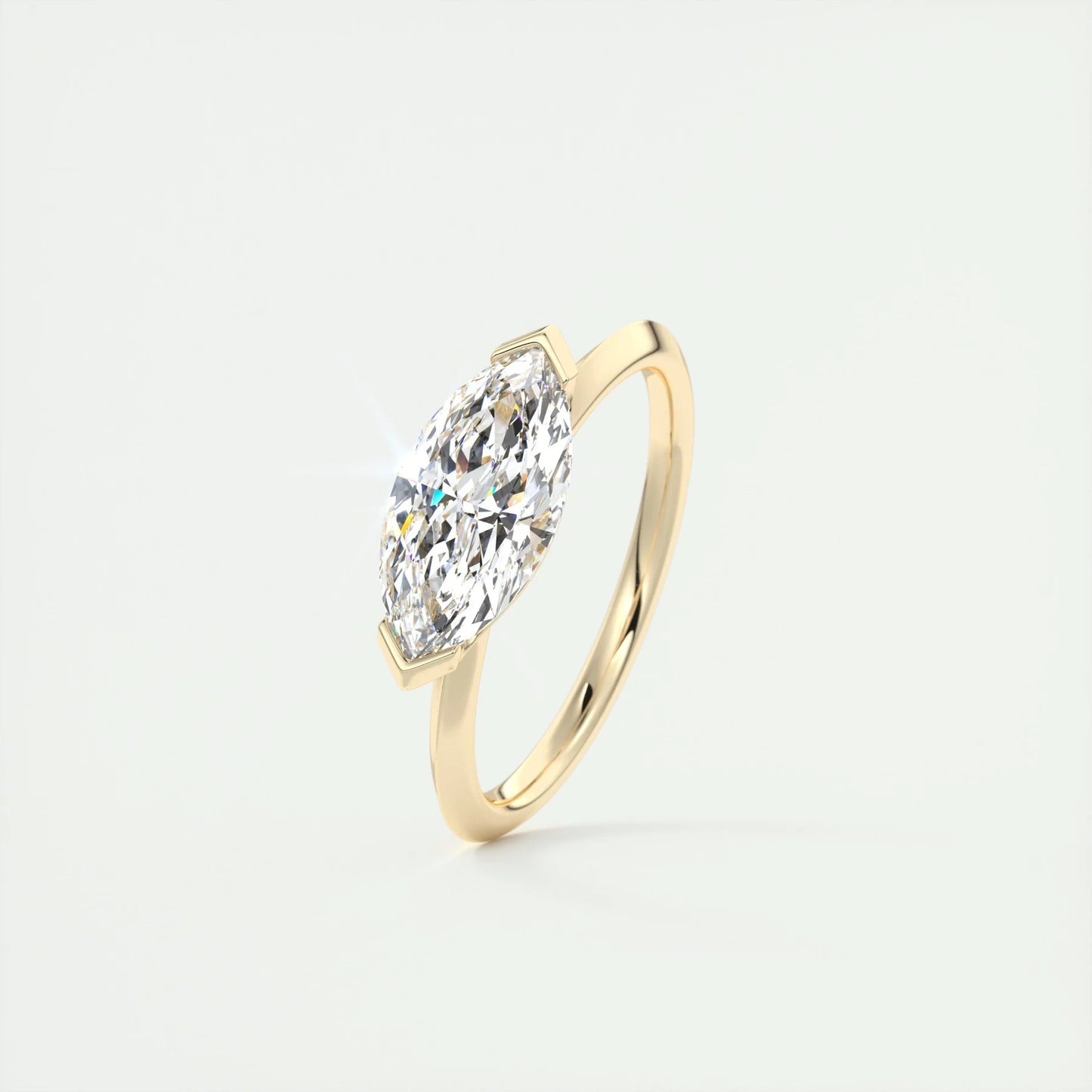 East West Marquise Cut Moissanite Diamond Half Bezel Solitaire Engagement Ring Unique Solitaire Lab Grown Diamond Ring 14K Solid Gold Ring.