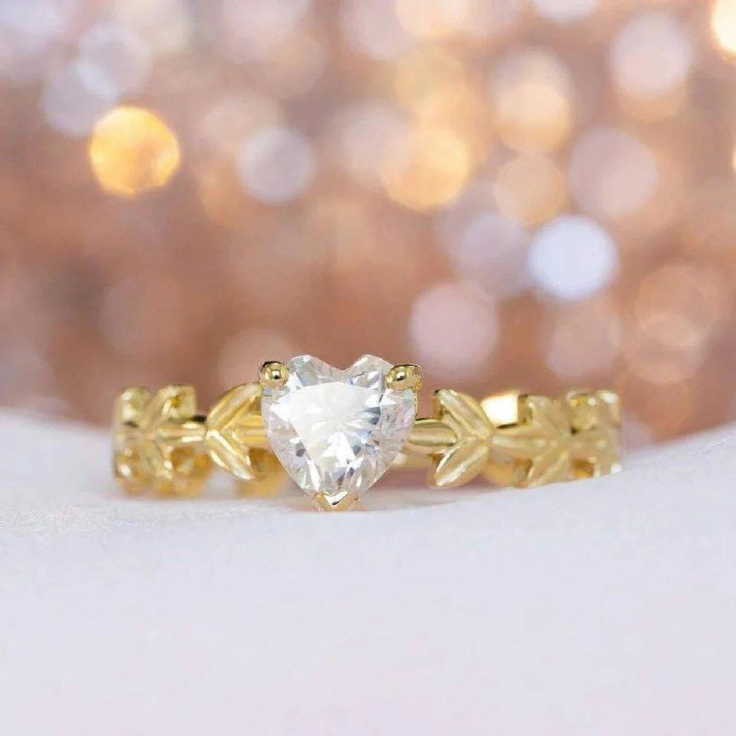 HeartHeart Cut Unique Gold Leaves Bridal Floral Moissanite Wedding Engagement Ring Cut Three Stone Cluster Moissanite Engagement Ring, Moissanite Engagement Ring (Copy)