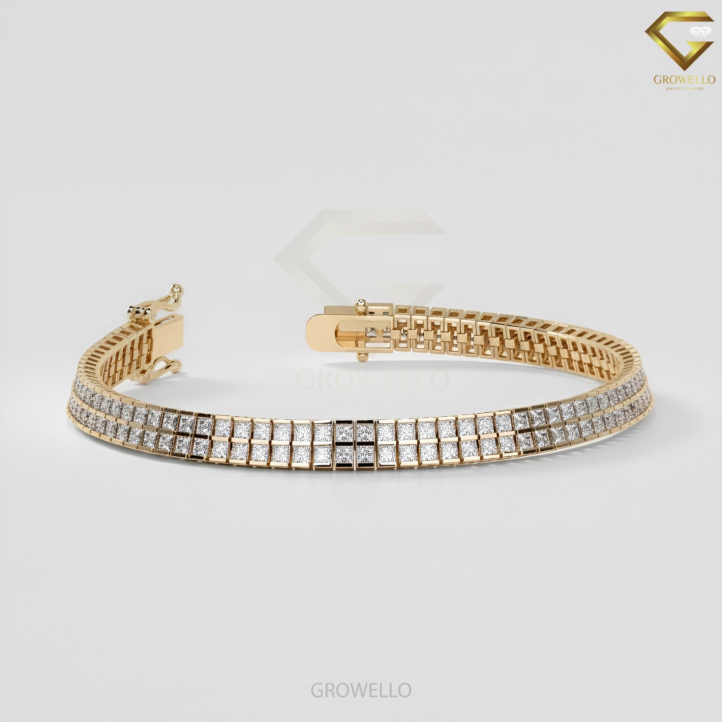 Princess Cut 3MM Diamond Tennis Bracelet, Double Row Grid Link, Solid Gold, Lab-Grown Diamond or Moissanite