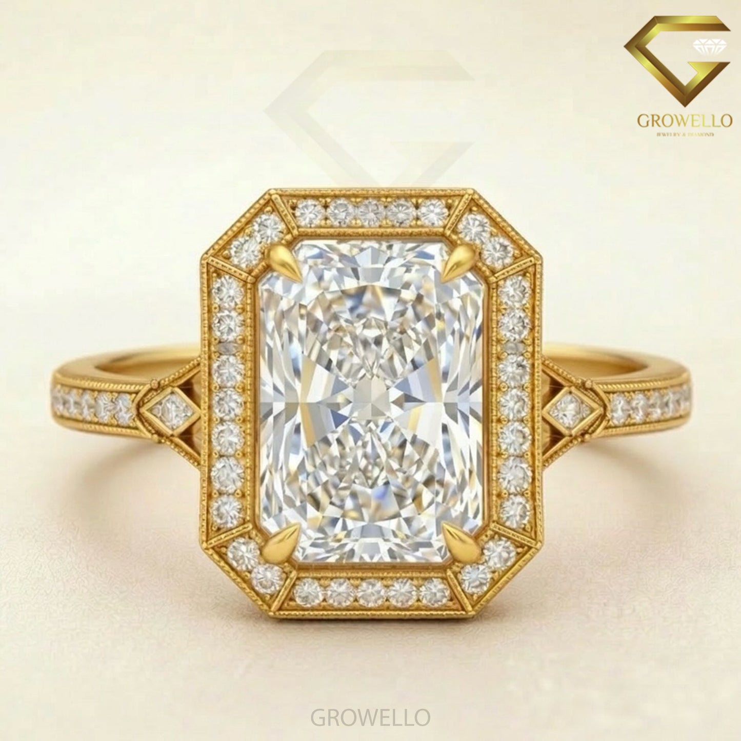 3 CT Radiant Engagement Ring, Art Deco Halo, Pave-Band, IGI Lab Diamond or Moissanite