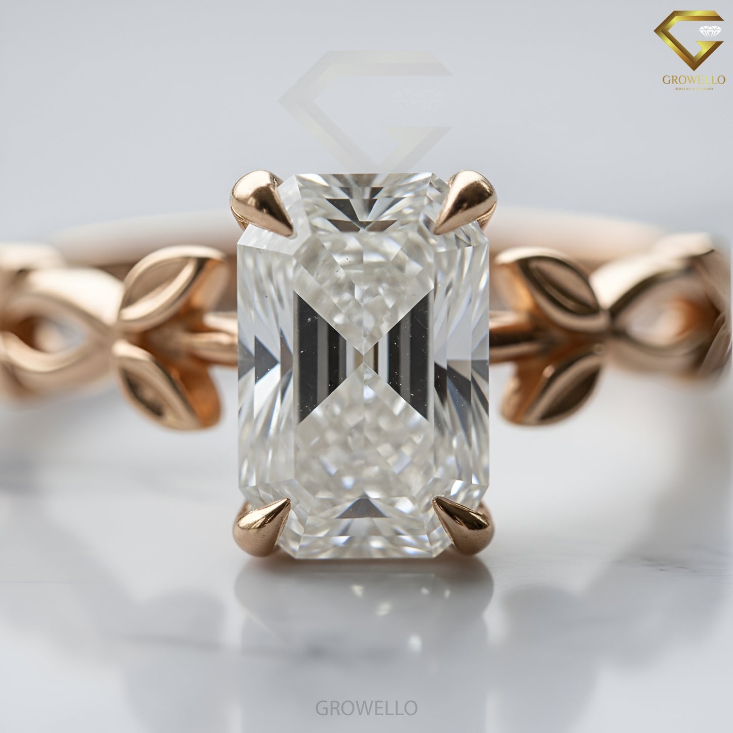 3CT Emerald Leaf Vine Engagement Ring, Nature Inspired, Solid Gold, Lab-Grown Diamond or Moissanite