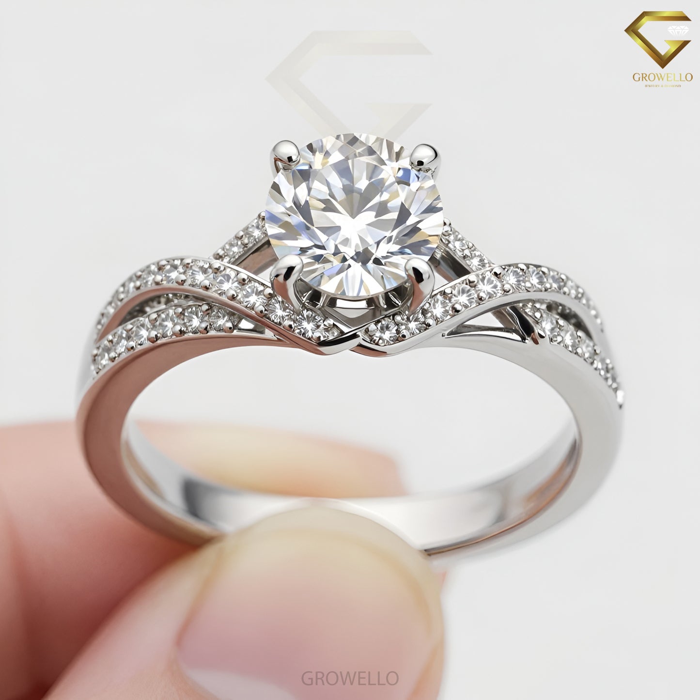 2CT Round Crossover Engagement Ring, Pavé Twisted Band, Solid Gold, Lab-Grown Diamond or Moissanite