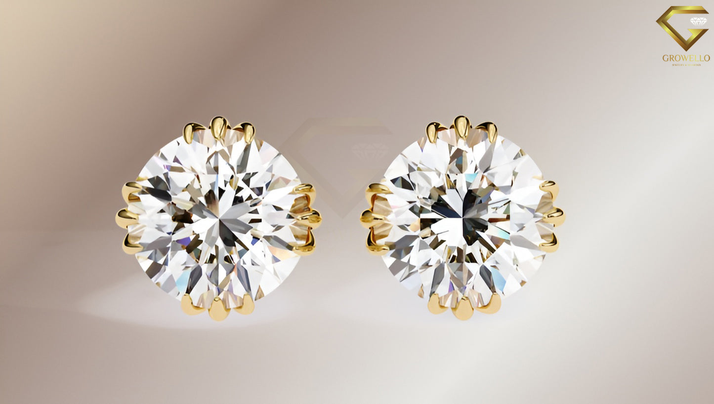 3CT Each Round Diamond Crown Stud Earrings, Split 4 Prong Basket Solitaire, Lab Grown Diamond or Moissanite, Solid Gold