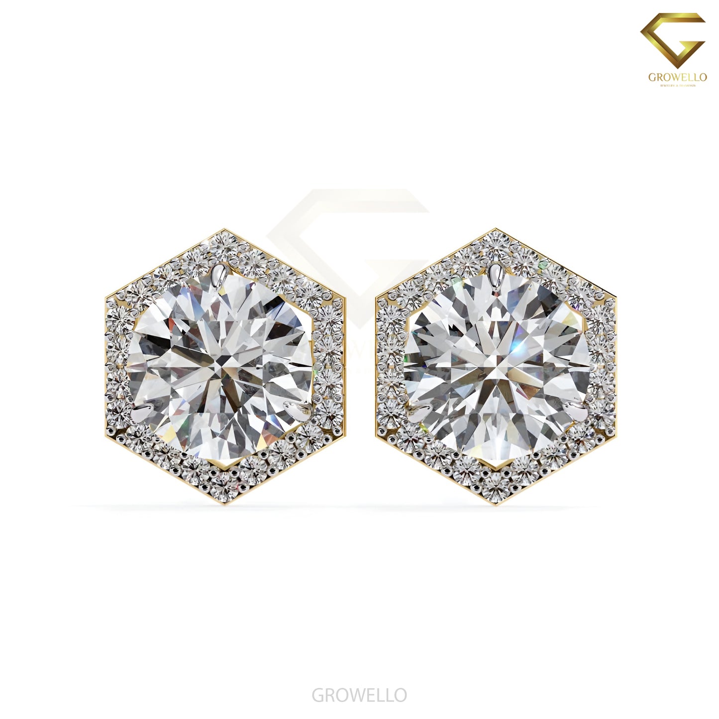 2CT Round Diamond Hexagon Halo Stud Earrings, Geometric Luxury Studs in Solid Gold, Lab Grown Diamond or Moissanite