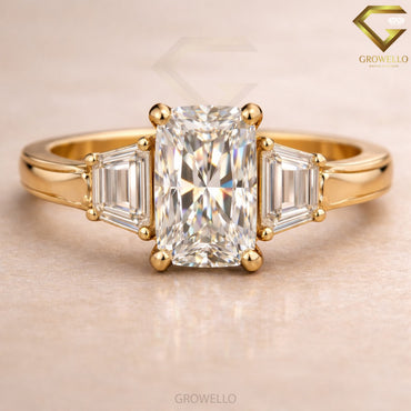 3 CT Radiant Cut Trapezoid Side Stone Engagement Ring, Solid Gold, IGI Lab Diamond or Moissanite