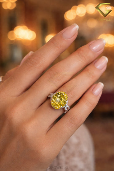 10CT Yellow Oval Diamond Engagement Ring, Vintage Split Shank, Luxury Statement, IGI Lab or Moissanite